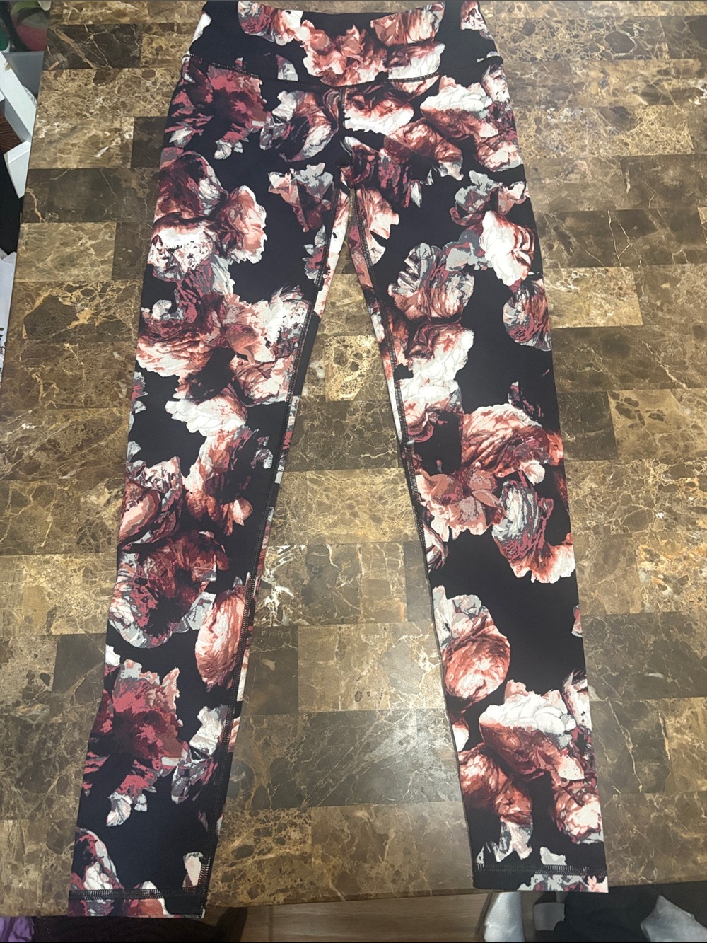 Victoria's Secret Sport Black Leggings with Burgundy & Cream Floral Print Ssz